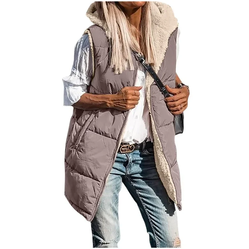 Women's Solid Color Hooded Cotton Coat Vest Winter 2025 New Warm Vest Coat Women's Fashion Sleeveless Zipper Cardigan Vest 3
