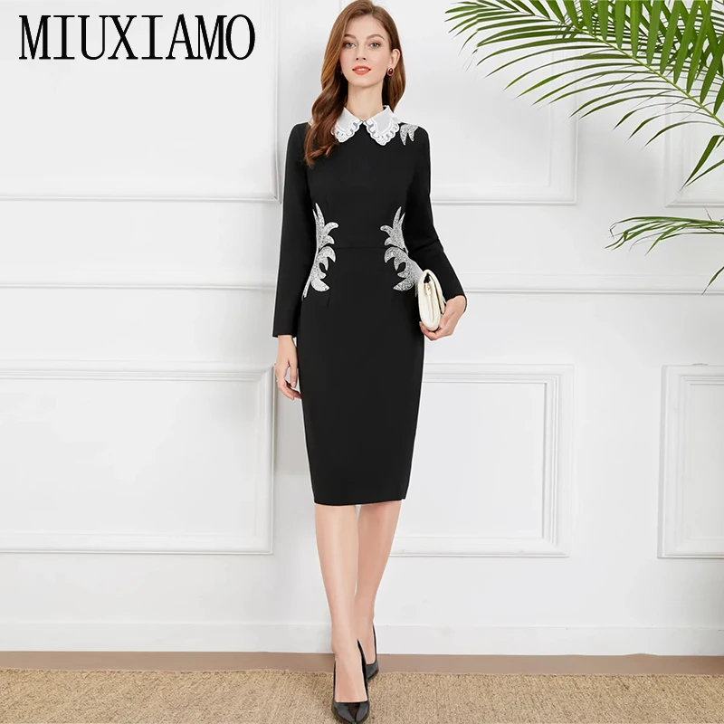 

MIUXIMAO 2022 весна/лето женская одежда с воротником Питер Пэн с длинным рукавом приталенное платье с принтом Модное Элегантное офисное платье