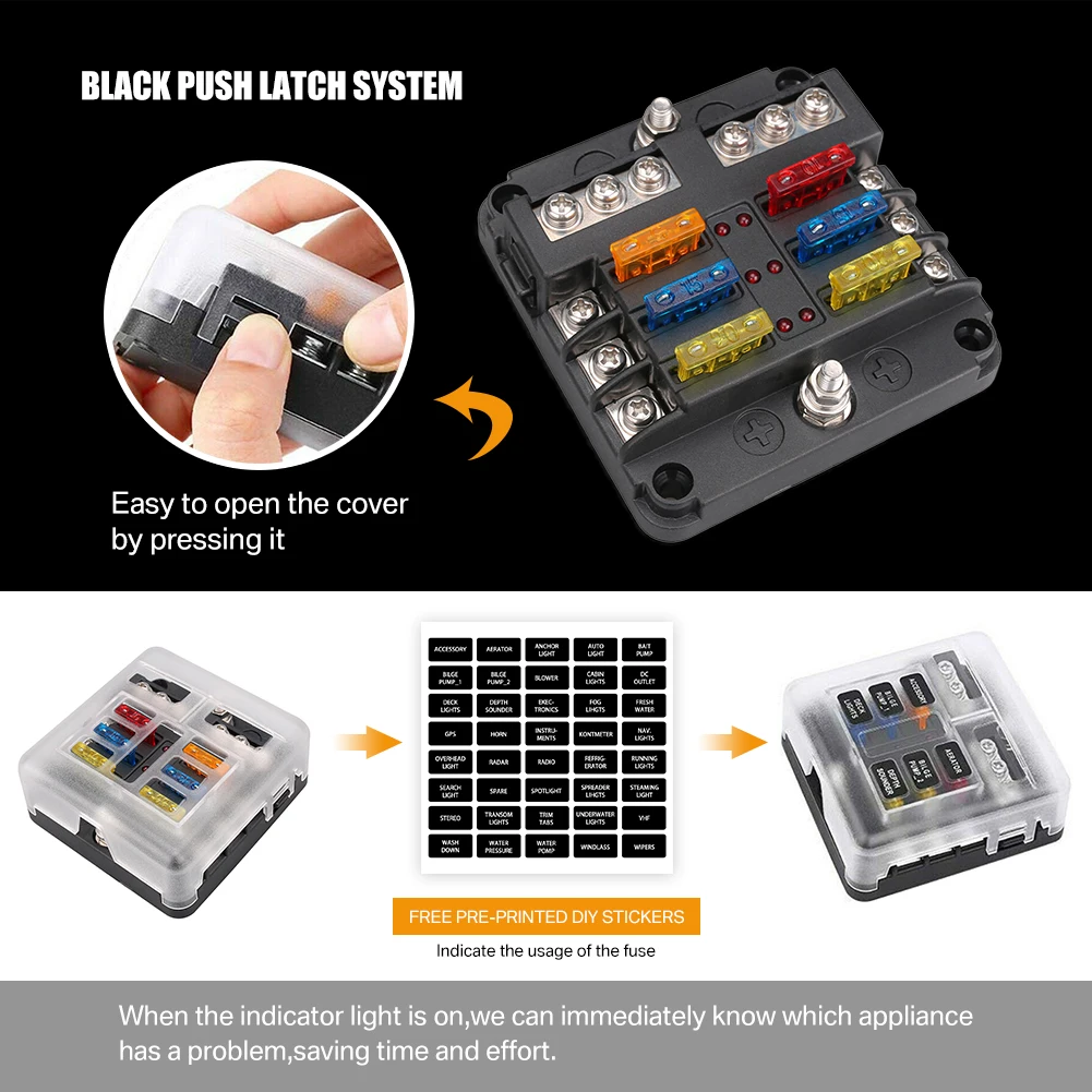 6/12 Möglichkeiten Sicherungskasten Set LED Warnanzeige 12 V 32 V Stromverteilung Panel Auto Boot Sicherungskasten Halter mit Kunststoffabdeckung ﻿ – Detail 6