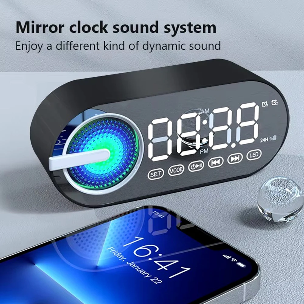 Wireless Bluetooth Speaker Alarm Clock LED Mirror Display 3D Stereo Sound Music Player with RGB Light FM Radio for Room Office
