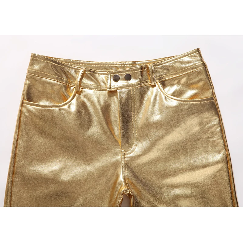 Leather Pants Motorcycle PU Leather Pants Mens Skinny Shiny Gold Silver Black Trousers For Nightclub Stage Singers Dancers