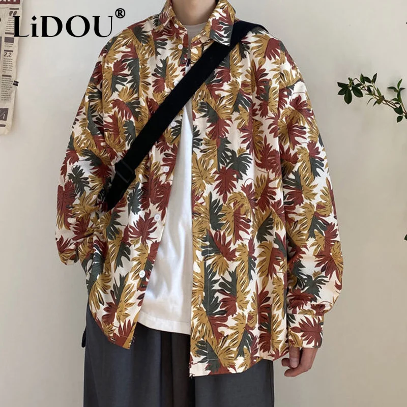 Spring Autumn New Y2K Casual Vintage Print Blouse Man Oversized Long Sleeve Shirt All Match Fashion Tops Streetwear Male Clothes