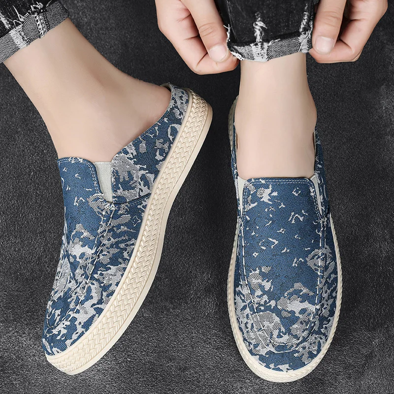 Half Shoes For Men Mules Canvas Flat Board Shoes Denim Blue Backless Loafers Slippers Man Slides Semi-Drag Mens Casual Shoes 5