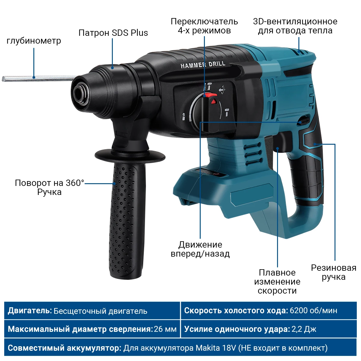 Drillpro 6200RPM 26mm Brushless Electric Hammer Impact Drill Multi-function Rotary Electric for Makita 18V Battery Power Tool 2
