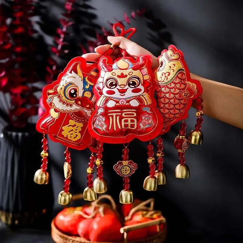 Chinese New Year Pendants Sequined Lucky Bag 2024 Chinese Dragon Year Fu Character Hanging Ornament Spring Festival Wall Decor