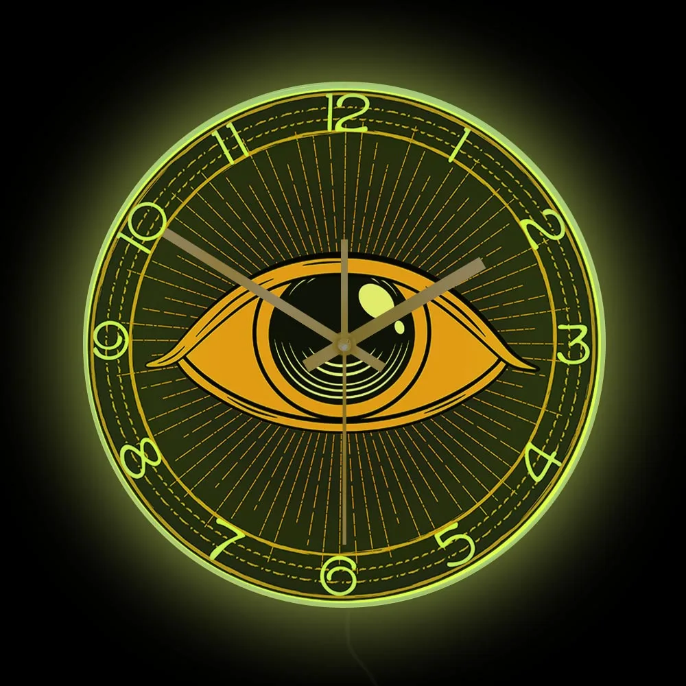 

Occult Symbol Masonic Eye Artwork Luminous Wall Clock Abstract All Seeing Eye Manson Occultism Home Decor Glowing LED Wall Watch