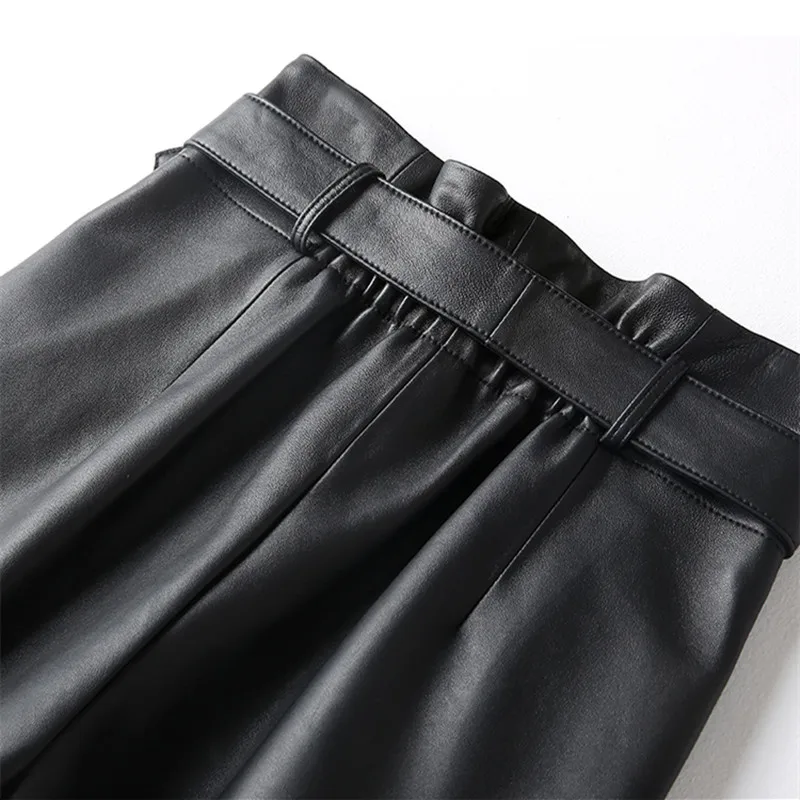 Women's High Waist Matte Sheepskin Leather Pants Ankle Length Trousers with Thin Belt Spring Autumn Fashion Smoke Pipe Style - Image 5