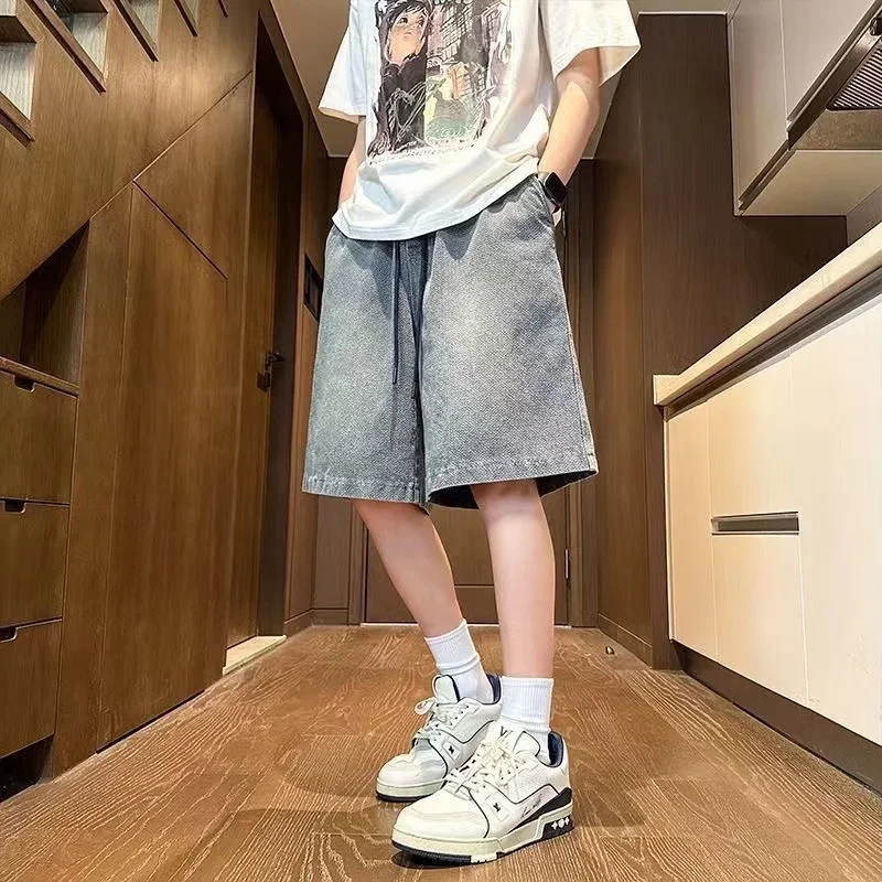 2025 new Fashion Streetwear Men's Denim Shorts Summer Loose Vintage Harajuku Splicing Hip-hop Cargo Moto Short Jeans Black Blue 4