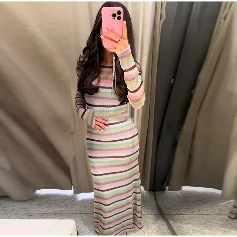 Mode Gestreiften Lange Kleid Für Frauen Lange Hülse O-ansatz Lose Robe 2025, Sommer Herbst Elegante Neue Weibliche Hause Freizeit Kleider – Detail 5