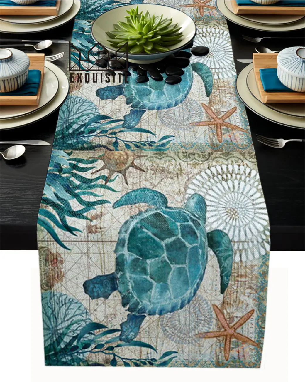 Sea Turtle Stars Coral Seaweed Map Starfish Table Runner Decoration