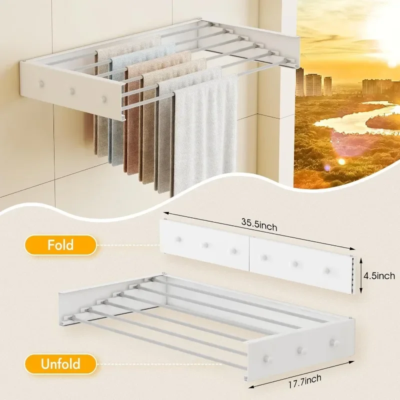 Upgrade Drying Rack Clothing,Clothes Drying Rack Wall Mounted,Laundry Drying Rack Wall Mount,6 Aluminium Poles,with Hooks 6