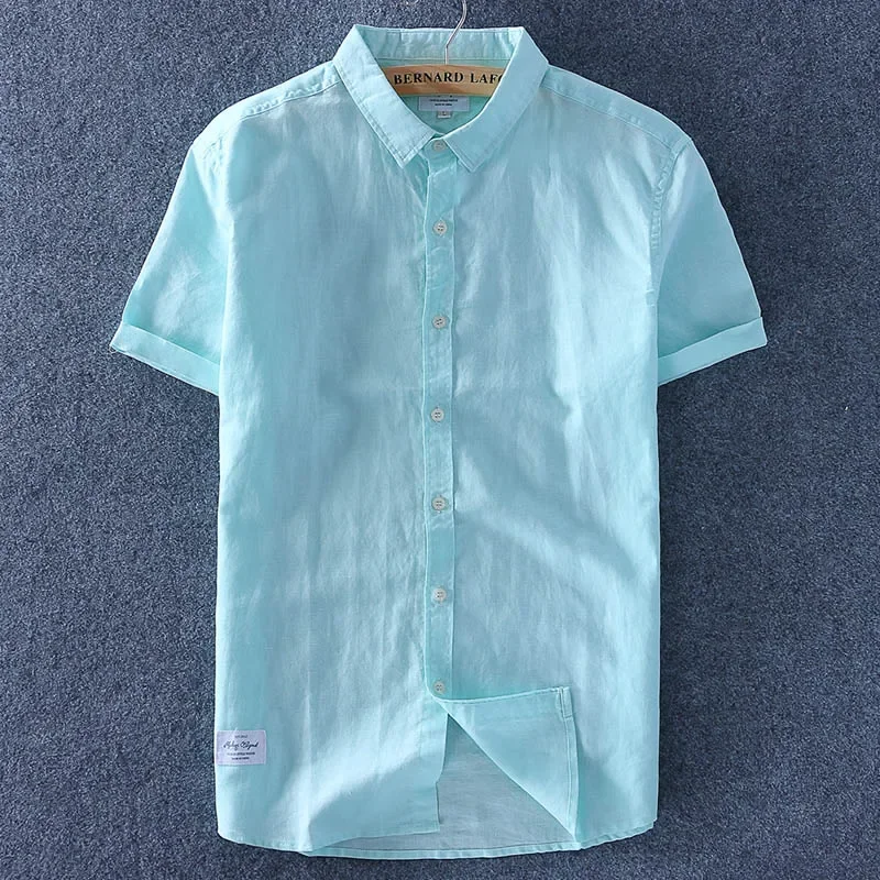 Schinteon Men Cotton Linen Shirt Short Sleeve casual short sleeved shirt linen shirt short sleeved shirt Thin Top Slim Casual Shirts