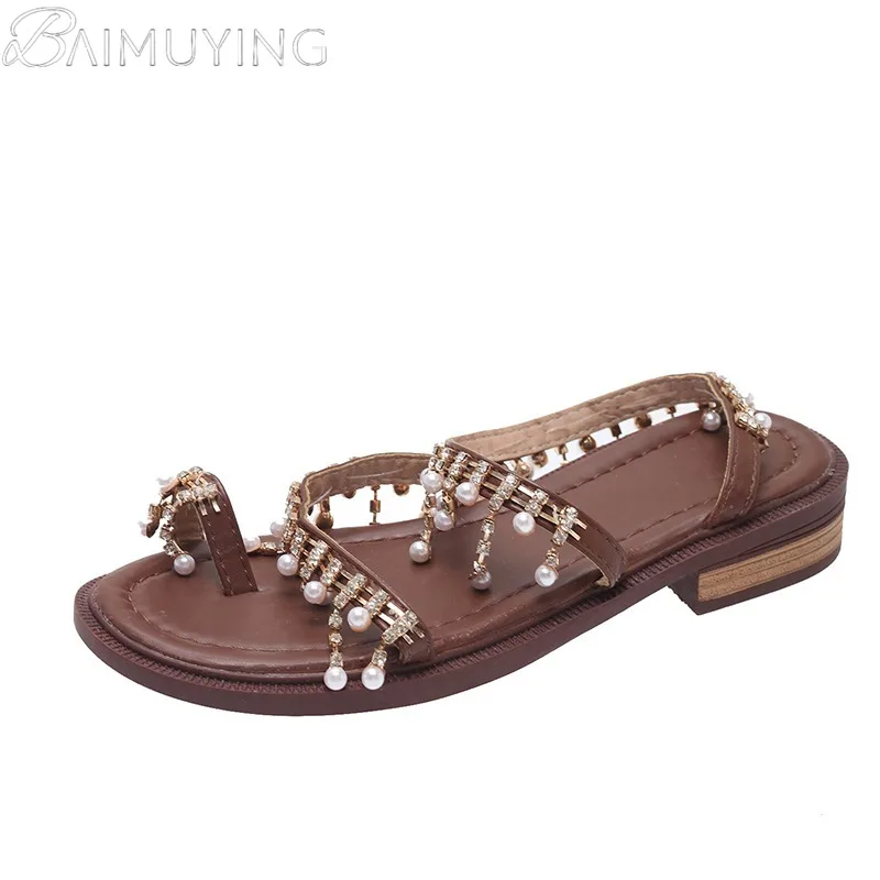 Crystal Clip Toe Flats Bead Sandals Women Slippers Shoes Summer Flip Flops Designer Casual Beach Slingback Dress Bohemia