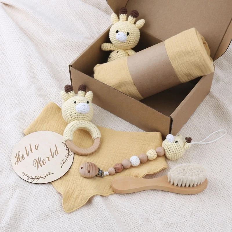 

Crochet Deer Pacifier Clip Baby Rattle Teether Handbell Newborns Birth Gift Box