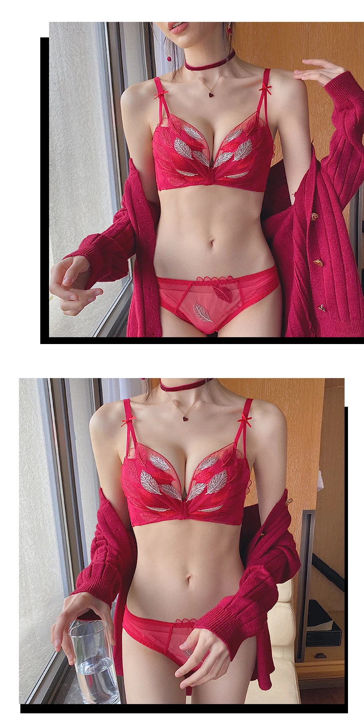 bra panty sets High-end Lace Embroidery Feather Underwear Wireless Sexy Deep V Push Up Bra Set Small Breasts Thicken Brassiere and Panties red bra set