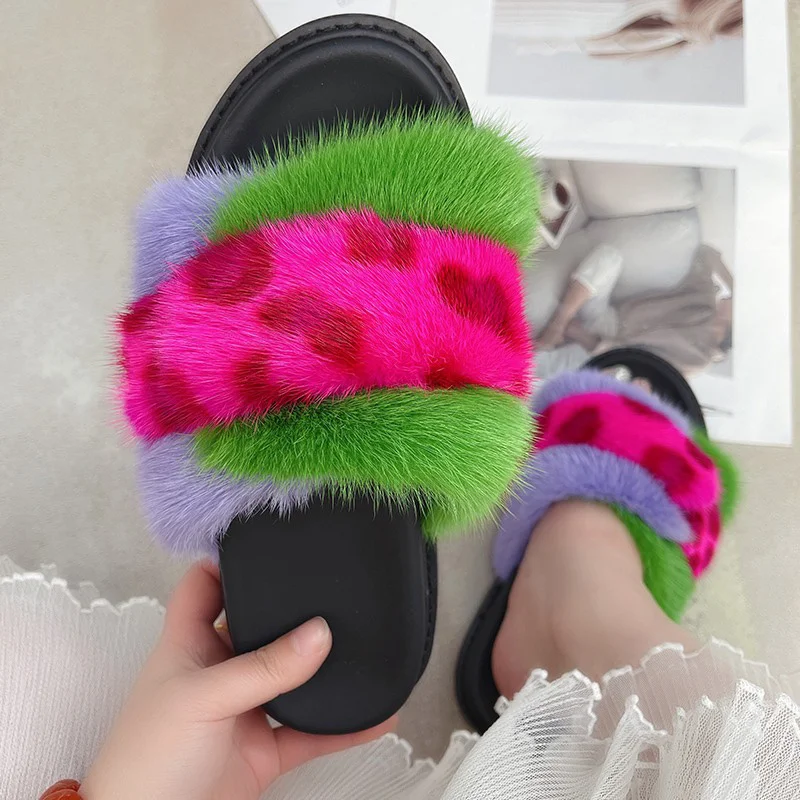 

Tri-color Lace-up Fur Slippers Women's Luxury Mink Fur Slippers With Thick Sole Design Fashion Slippers
