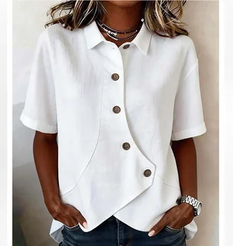 Summer Women's Casual Solid Irregular Shirt Fashion Elegant Top Button Short Sleeve Holiday Party Womens Tops And Blouses