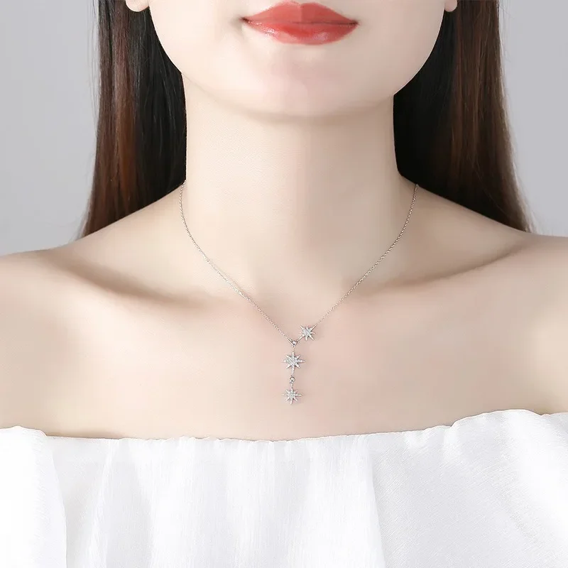 

S925 Sterling Silver Six-star Pendant Zircon Necklace Shines Niche Fashion Simple Original Design 2024 New Valentine's Day Gift
