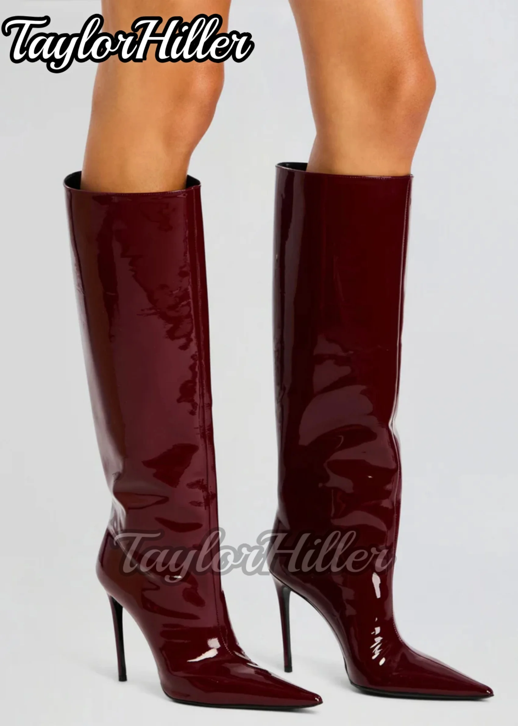 Burgundy Boots Pointed Toe Red Heels Patent Leather Shoes Autumn Winter Booties Women Luxury Designer Shoes Zapatos De Mujer New