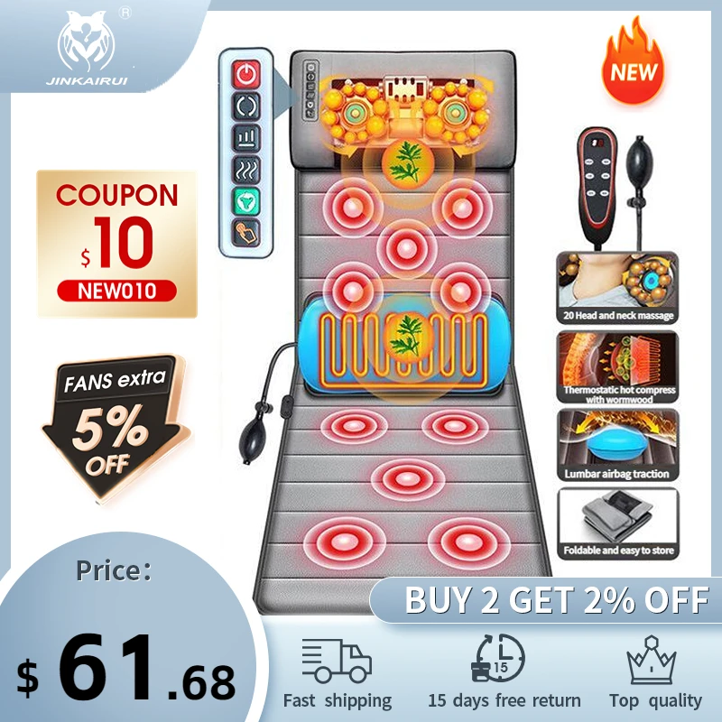 Full Body Massage Mattress Shiatsu Massage Pad Electric Back Waist Cushion Mat Heating Vibrating