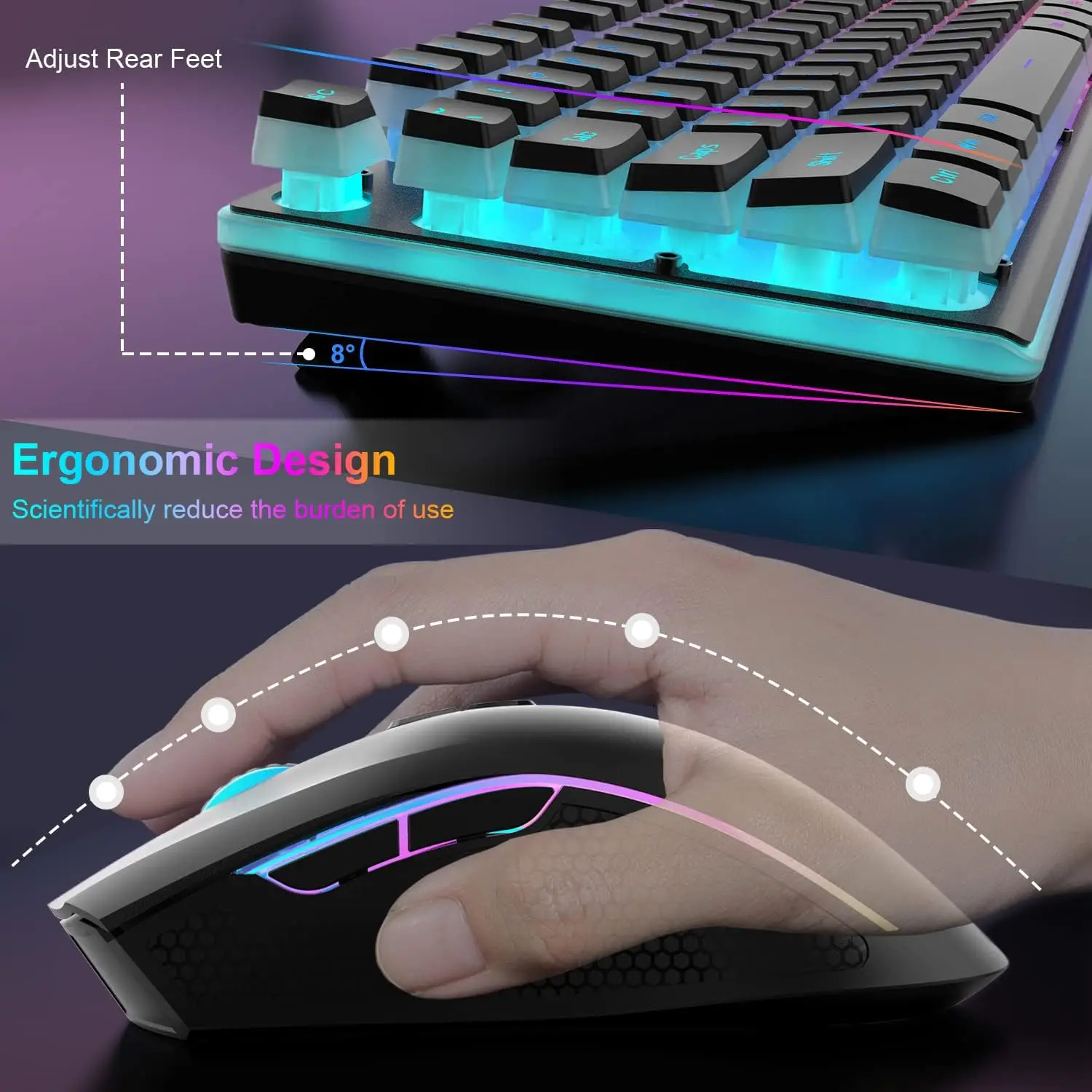 MAMBASNAKE L96 무선 키보드 마우스 콤보, 3000mAh 충전식 RGB 풀 사이즈, 푸딩 키캡, 4800DPI 광학 마우스, K10