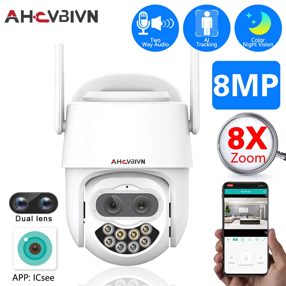 XMEYE 8MP 4K WiFi PTZ IP Camera Dual Lens 8X Zoom Wireless CCTV Security Surveillance Camera