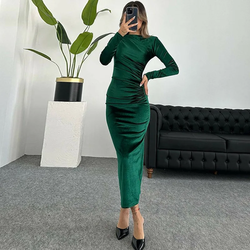 Fashion Autumn and Winter New Women's Long-sleeved Semi-turtleneck Slim Dress Elegant Velvet Women's Solid Color Casual Skirt