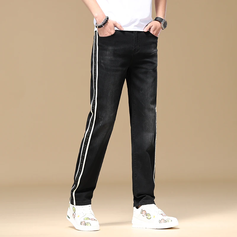 Summer Thin Striped High-End Men's Straight Jeans Black Embroidered Stretch Loose-Fitting Wide-Leg Trouser2024Fashion Trend