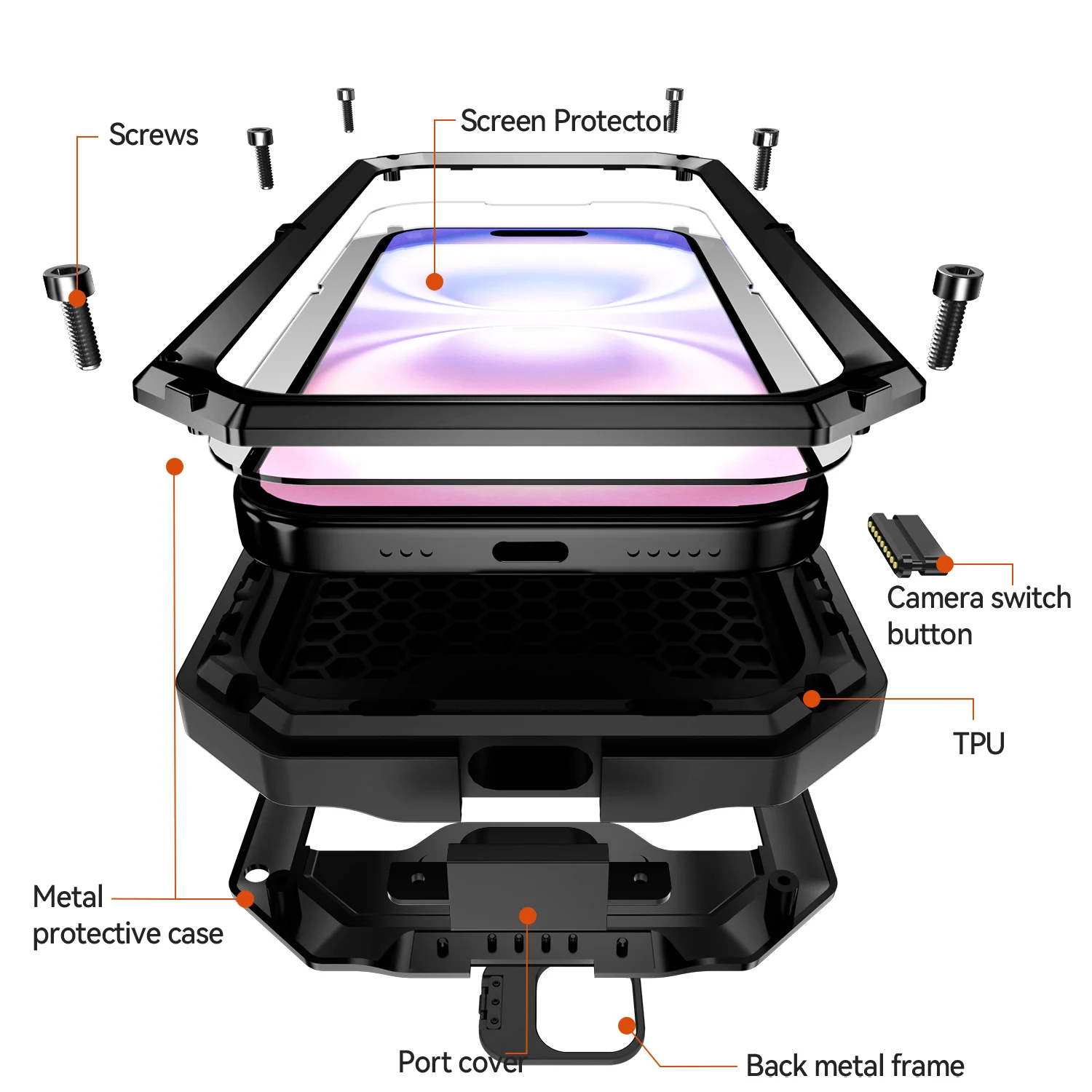 Rugged Metal Shockproof Phone Case with Screen Protector and Stand