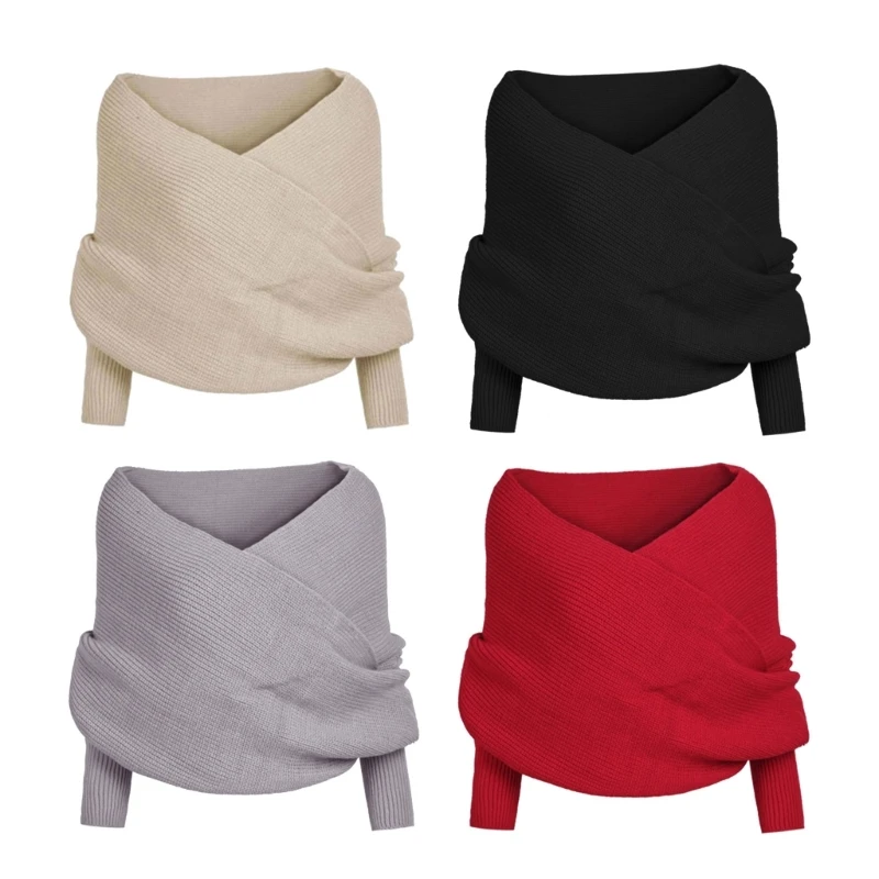 

Knitted Pullover Sweater Trendy Pullover Sweater Scarf for Women Solid Color Off Shoulder Crop Long Sleeve Wrap