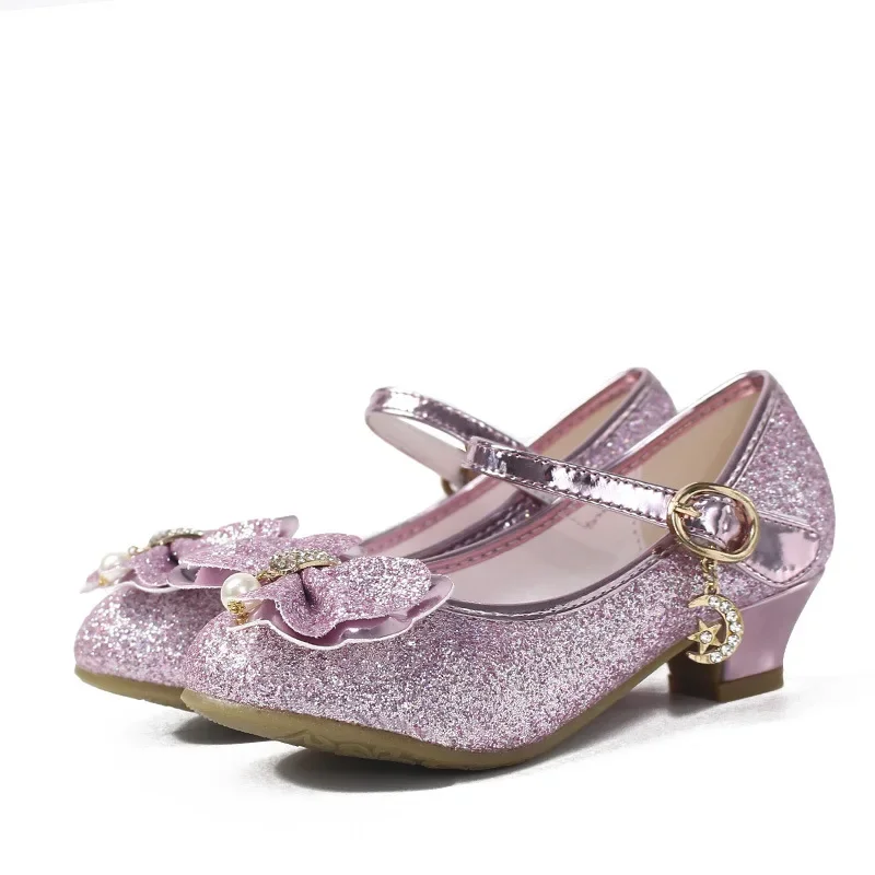 Girls Leather Princess Shoes with Sequins and Bowtie