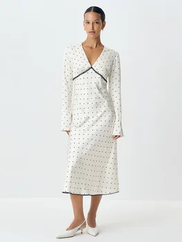 Blifanbo Moda Raso Polka Dot Stampa Maxi Abito Donna Autunno Scollo a V Manica lunga Aderente Patchwork Club Party Abito da sera Nuovo 1