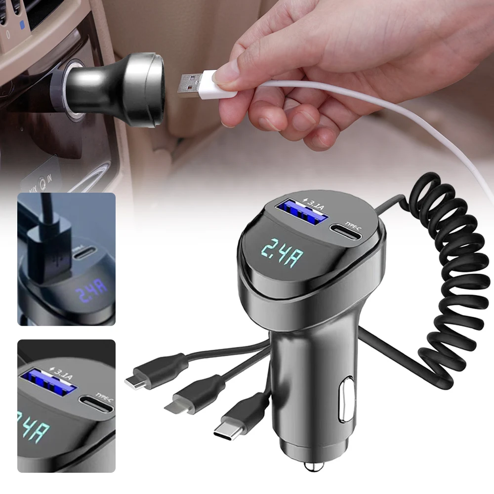 

3.1A 55W USB Fast Car Phone Charger 2 Ports with Voltage Display Car Three In One USB Retractable Charging Cable