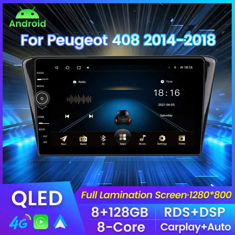 

QLED экран с ручкой Автомагнитола For Пежо 408 For Peugeot 408 2014 - 2018 мультимедийный плеер навигация GPS Автомобильная интеллектуальная система Carplay Android авто до 8 ядер 8 + 128G