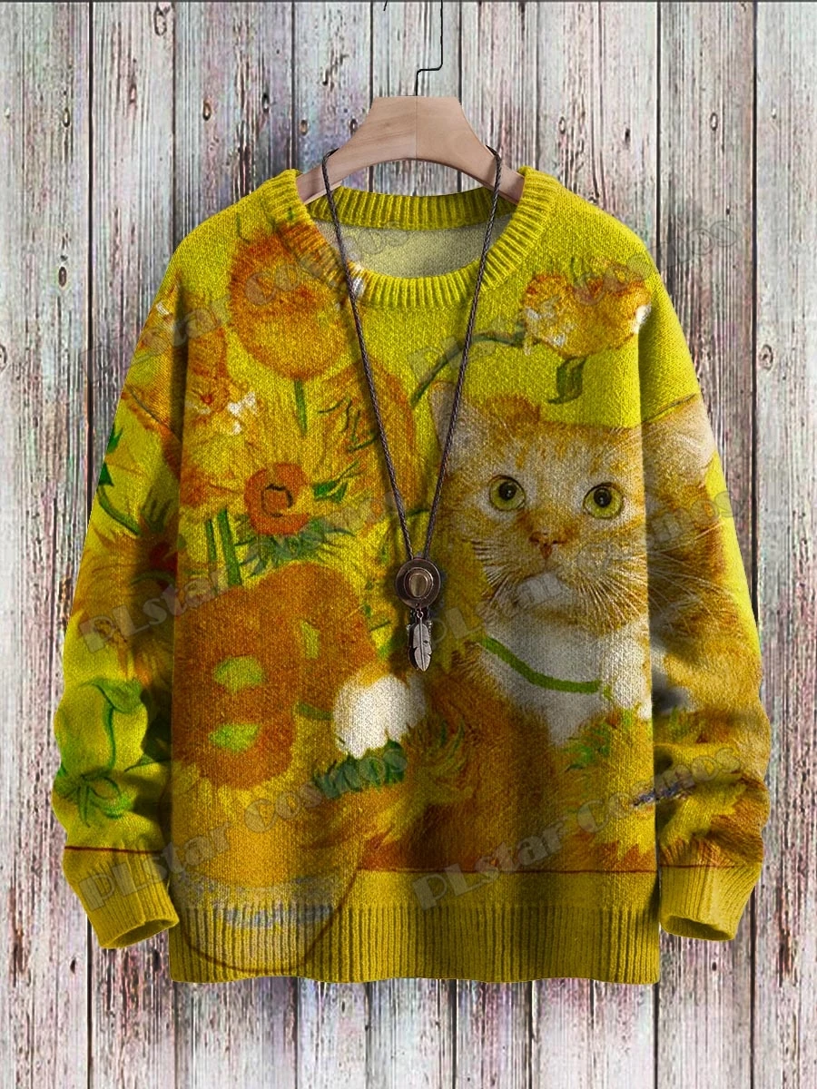 Knit Sweater Mens Cat Sweater Loose Neck Cat Jumper Turtleneck Yin