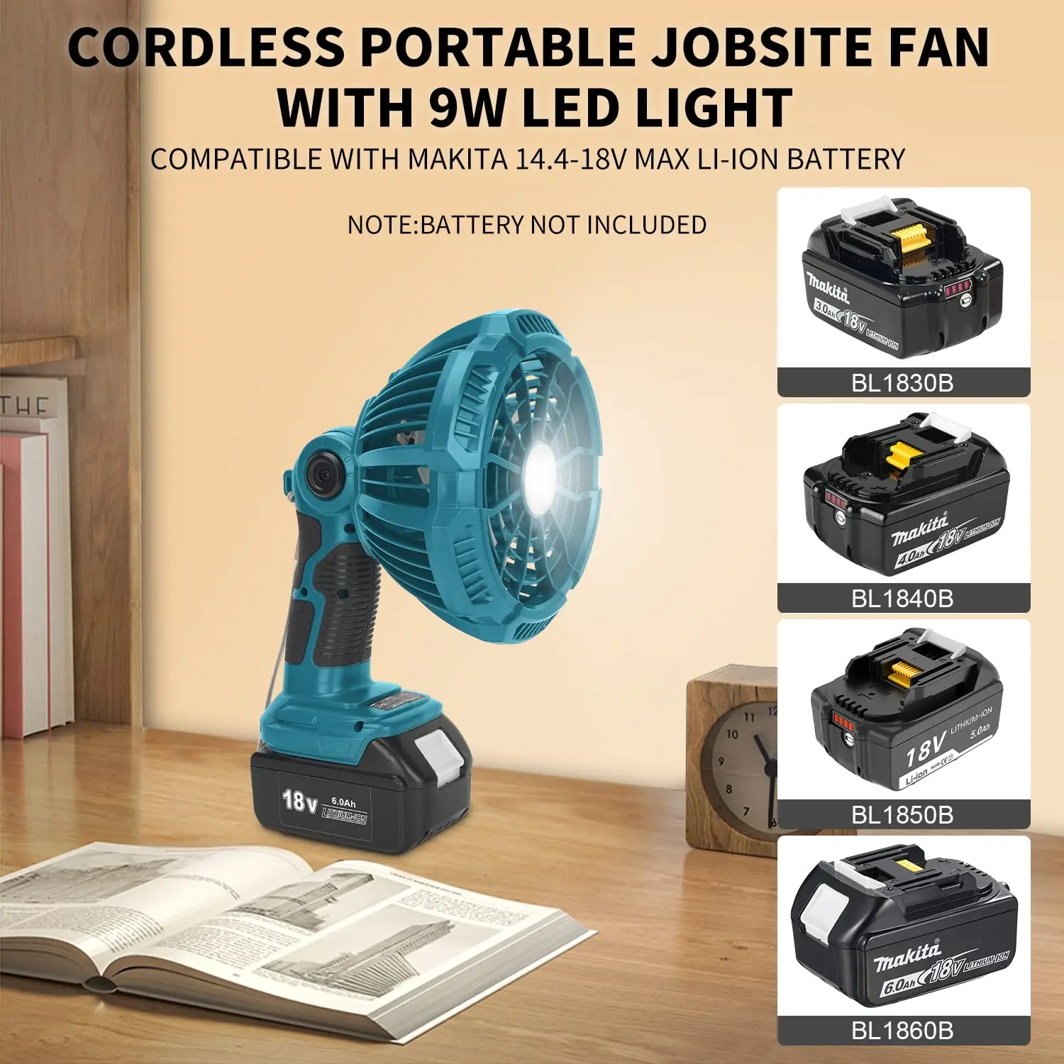 Beytvyow Cordless Fan for Makita 18v Battery with LED Light USB-A Fast Charging