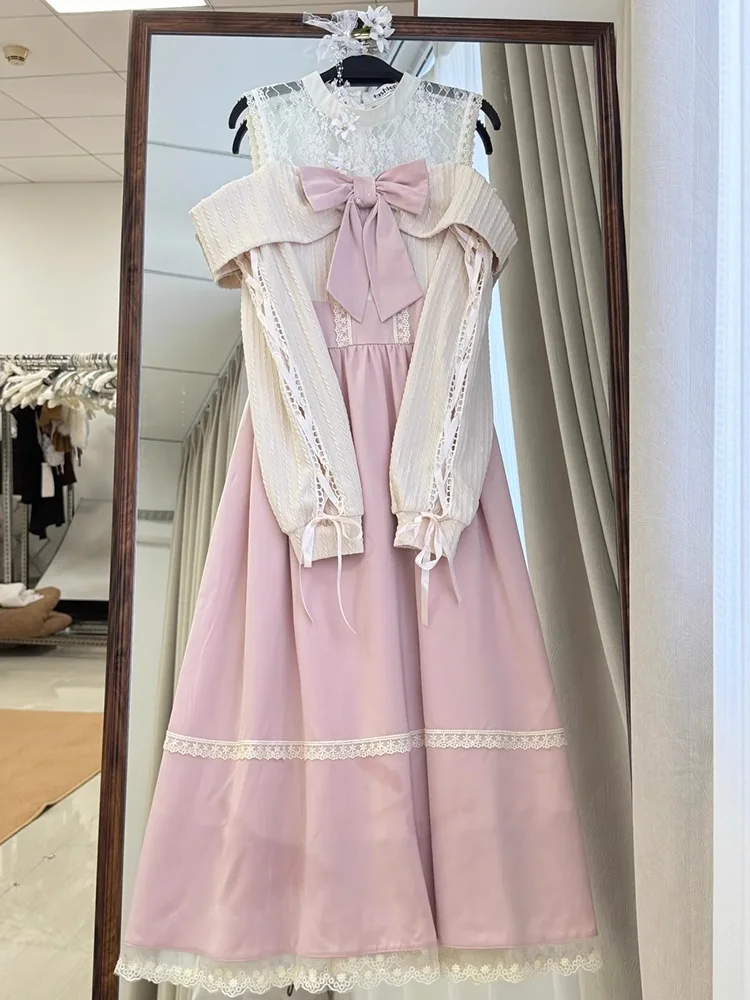 Vestido japonés elegante de Lolita para mujer, suéter de encaje con lazo Kawaii, vestidos largos con hombros descubiertos, vestidos de princesa de fiesta Y2k - AliExpress 200000345