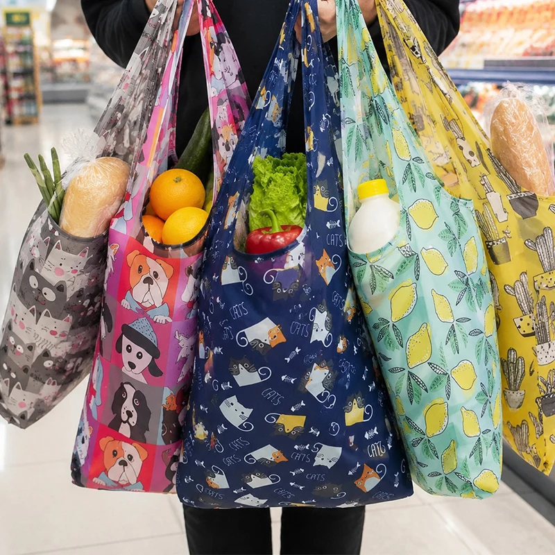 Reusable Foldable Shopping Bags - Set of 5, Vibrant Patterns, Large Capacity