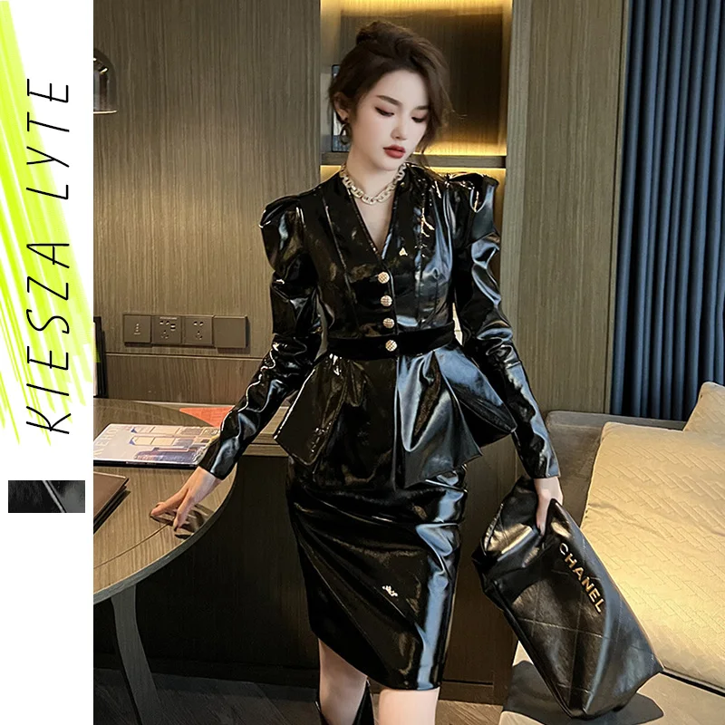 fashion-two-piece-women's-2024-spring-new-women's-high-bubble-sleeve-high-waist-patent-leather-suit-sets