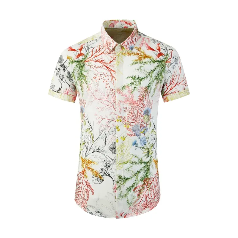 

Spring and Summer Seagrass Pattern Digital Printing Cotton Short Sleeve Men's Shirt Slim Fit