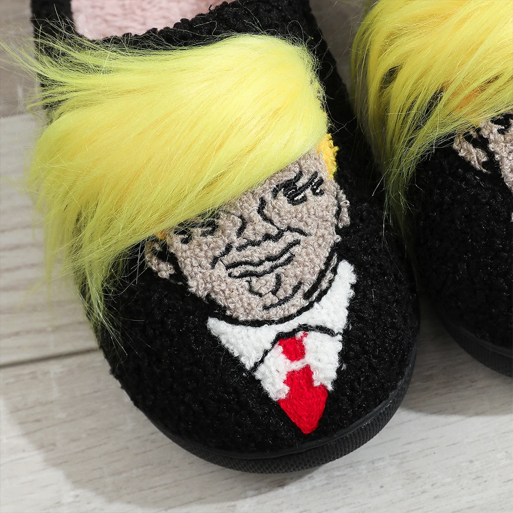 Plush Trump Wig Slippers Closed Toe Slippers Non-Slip Fluffy Home 3D Fake Hair Furry Slipper for Outdoor Indoor Bedroom
