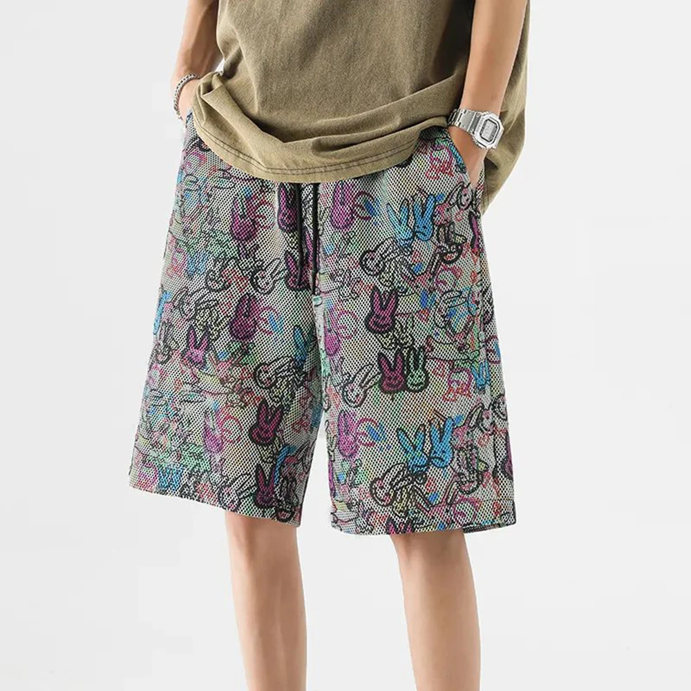 Unisex Elastic Waist Shorts Men's Mesh Hollow Casual Pants Summer Loose Graffiti Short Trousers Trend Fashion Sports Streetwear