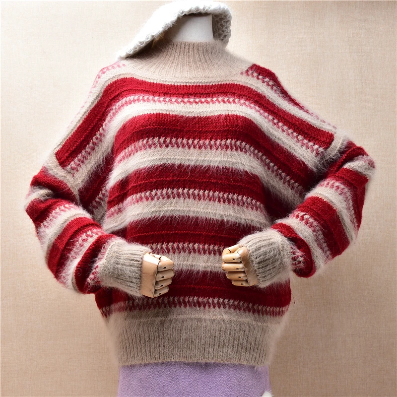 

Casual Fashion Ladies Women Fall Winter Thick Striped Angora Rabbit Hair Knitwear Long Sleeves Turtleneck Loose Pullover Sweater