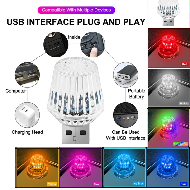 

Mini Diamond USB LED Car Ambient Light Colorful Flash Auto Interior Atmosphere Lamp Plug and Play Romantic Decorative Ice Blue