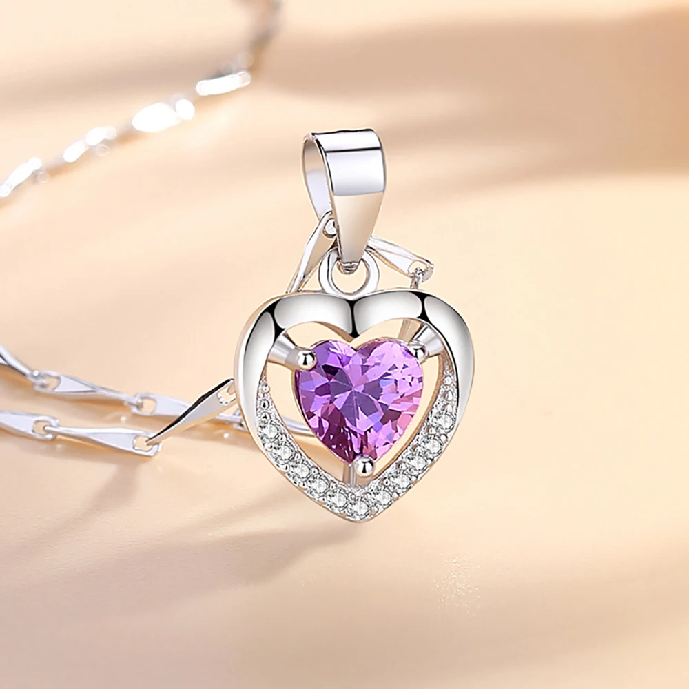 Sterling Silver 999 Heart Shaped Cubic Zirconia Pendant Necklace for Girlfriend Birthday Gift Free Shipping