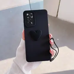 Adorable 3D Love Heart Silicone Case with Lanyard Wrist Strap for Note 11 Pro Plus 5g (AXSS Black)