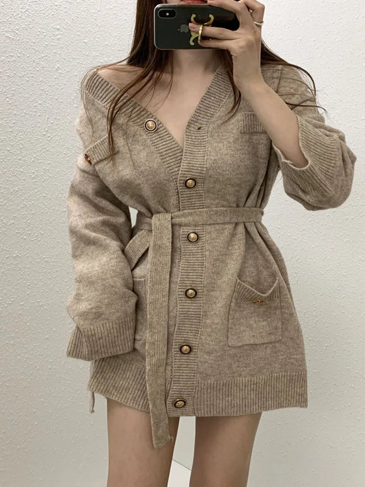 

Women's Single Breasted Knitted Sweater Jacket Fall Winter Fashion Temperament Female Thick Warm Casual Belt Long Cardigan Coat