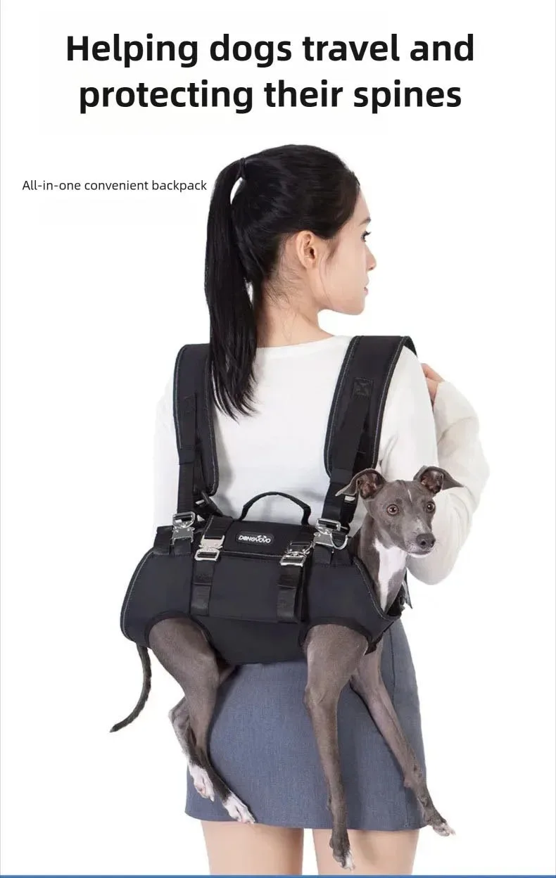  An ergonomic black horizontal dog carrier backpack designed for spine protection during hiking and cycling.