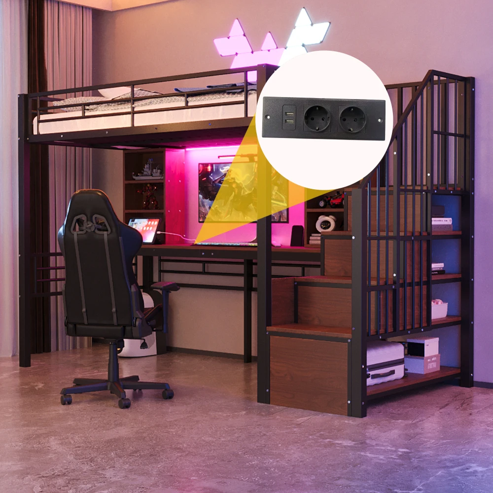 Hochbett 90×200cm, mit Regal, Schreibtisch, Steckdose und LED-Beleuchtung, integriertem Stauraum-Treppenhaus (links/rechts montierbar), Eisenrahmen – Detail 26
