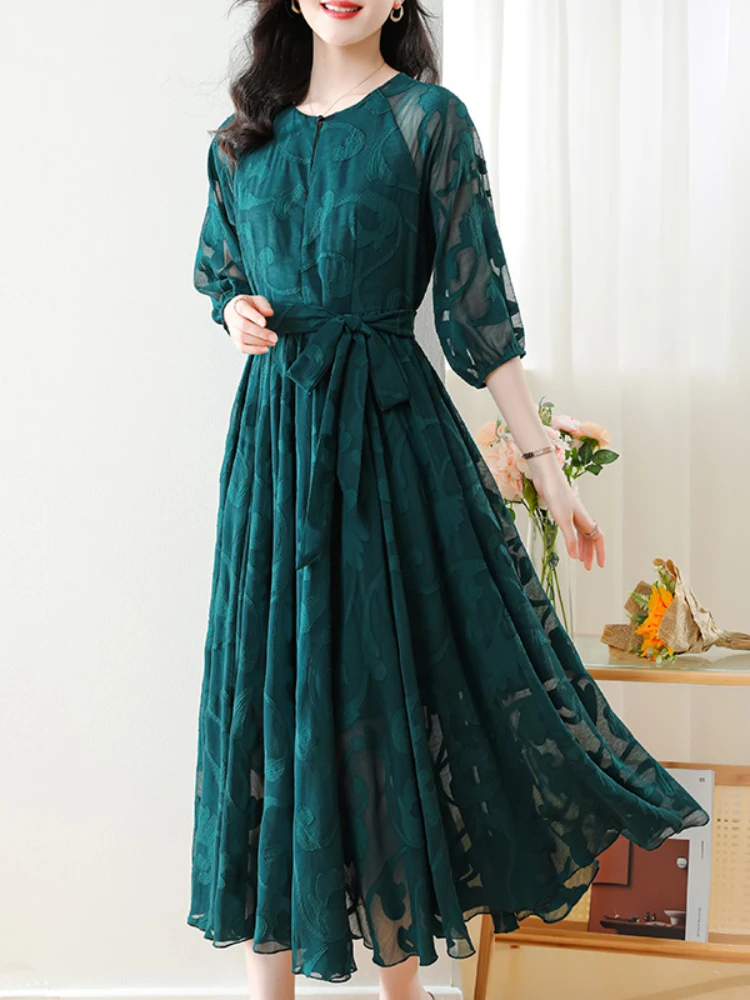 

Summer Dresses for Women Solid LOOSE Lace Red Long Dresses Fashion Elegant Streetwear Elegant Party Dresses O-Neck Vintage Robe